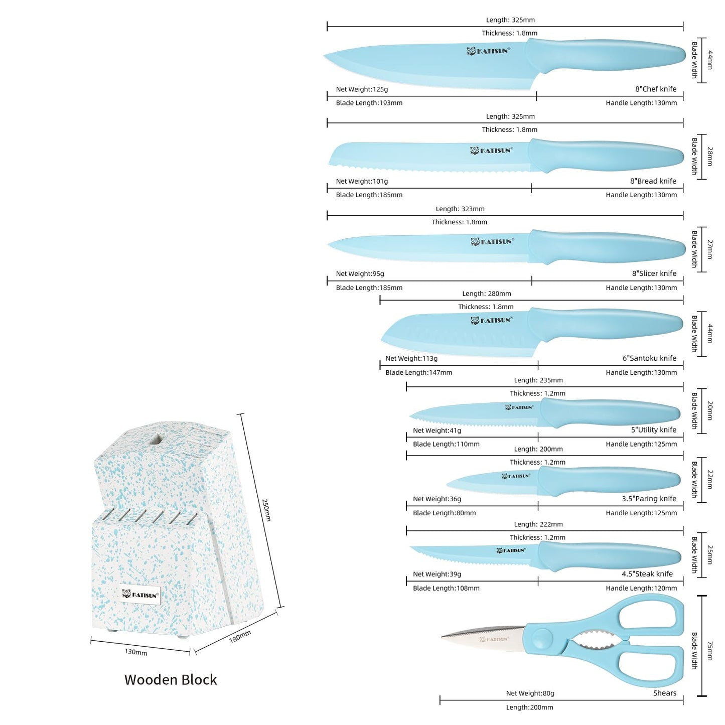 14-Piece Kitchen Knife Set with Block - Blue Non-Stick Stainless Steel