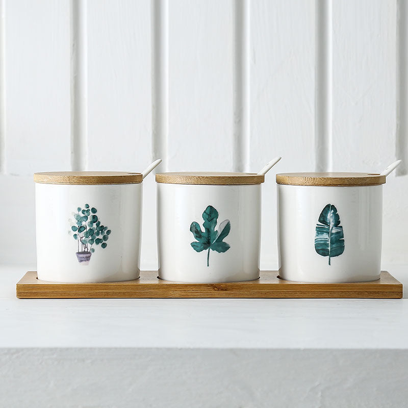 Three-Piece Ceramic Seasoning Jar Set with Lid - Kitchen & Dining