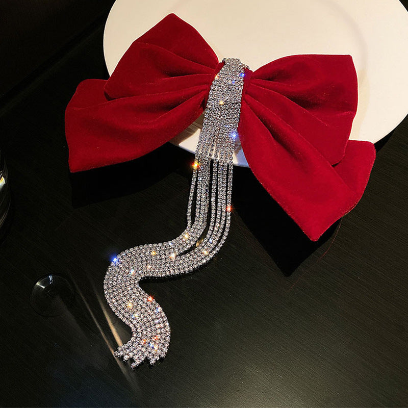 Red Bow Encrusted Tassel Hairpin Back Head Spring Clip - Elegant Hair Accessory