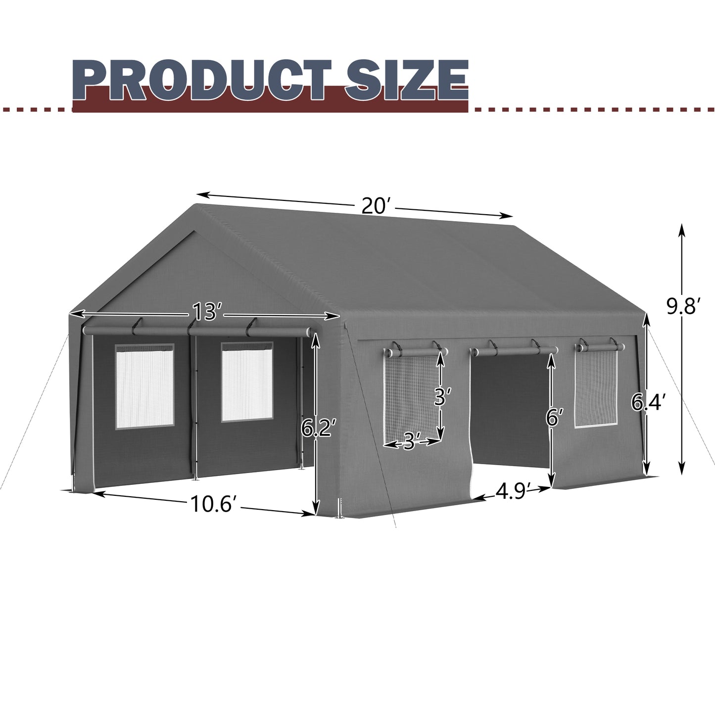 13'x20' Waterproof Canopy Tent with Roll-Up Doors - Silver