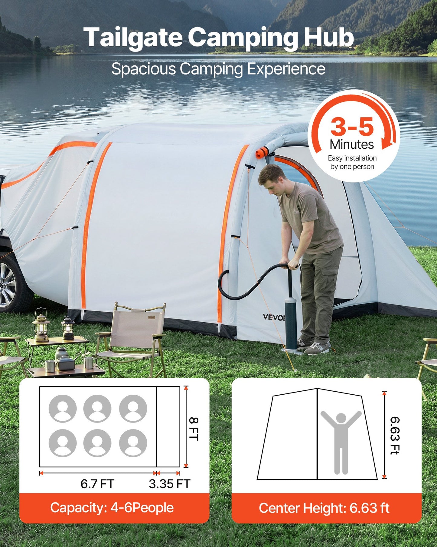 Inflatable SUV Tent with Awning - Waterproof Tailgate Camping Shelter 8x6.7 ft