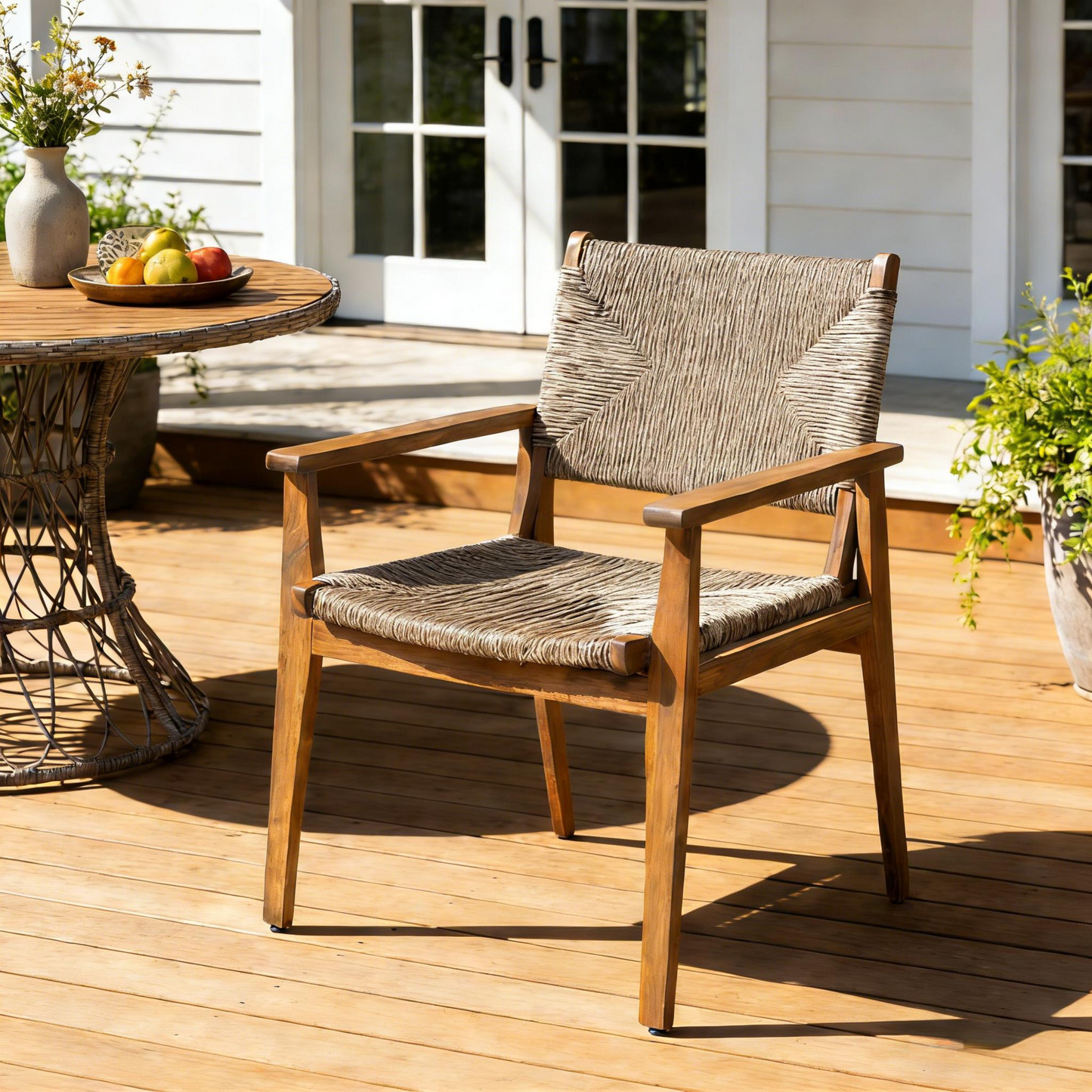 Durable Outdoor Dining Chair With Acacia Wood Frame, Handwoven Wicker