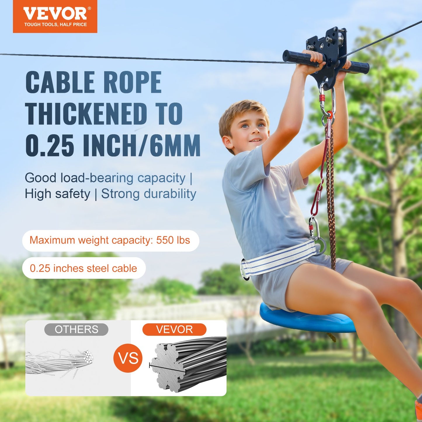 Kids & Adult Zipline Kit 60 Ft, 500 Lb Capacity Backyard Outdoor Zip Line with Safety Harness & Stainless Steel Spring Brake - Blue