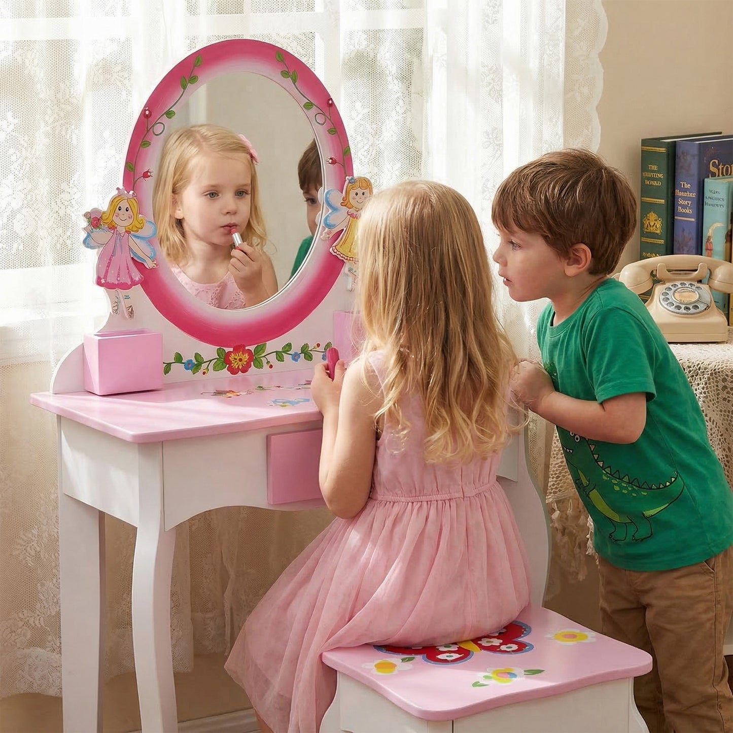 Kids Vanity Set Floral Printed Wooden Makeup Dressing Princess Table