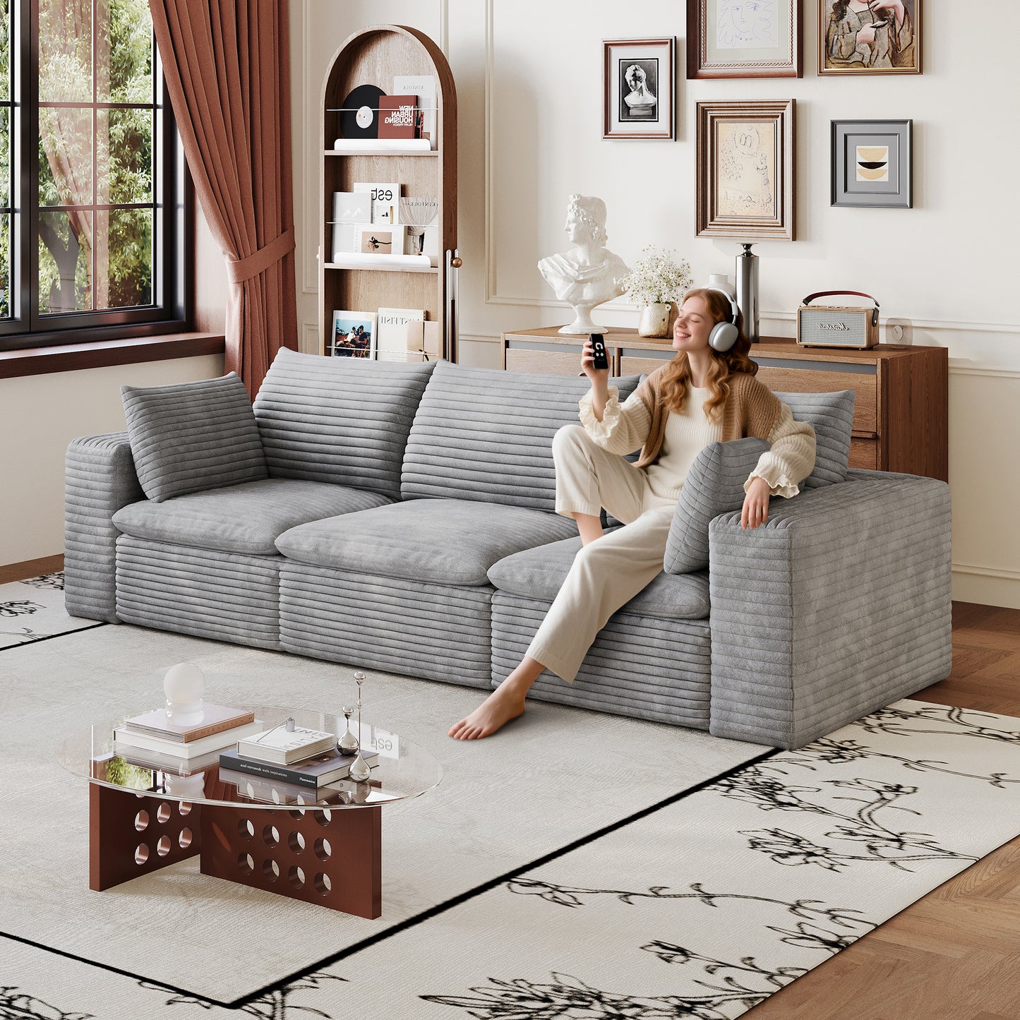 102" Cloud Sofa - Grey Corduroy Fabric, Deep Seat, Removable Cushions