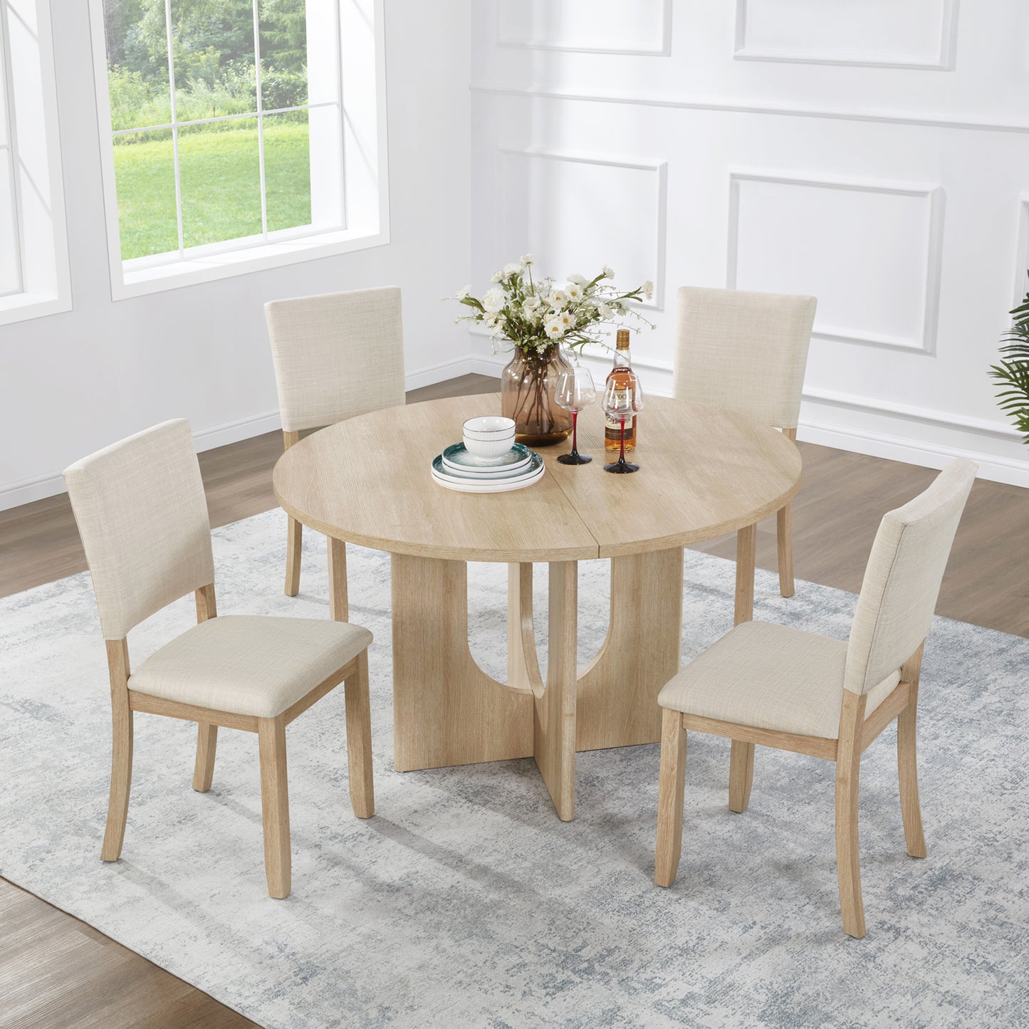 47.3" Round Dining Set with 4 Upholstered Chairs - Light Oak & Beige