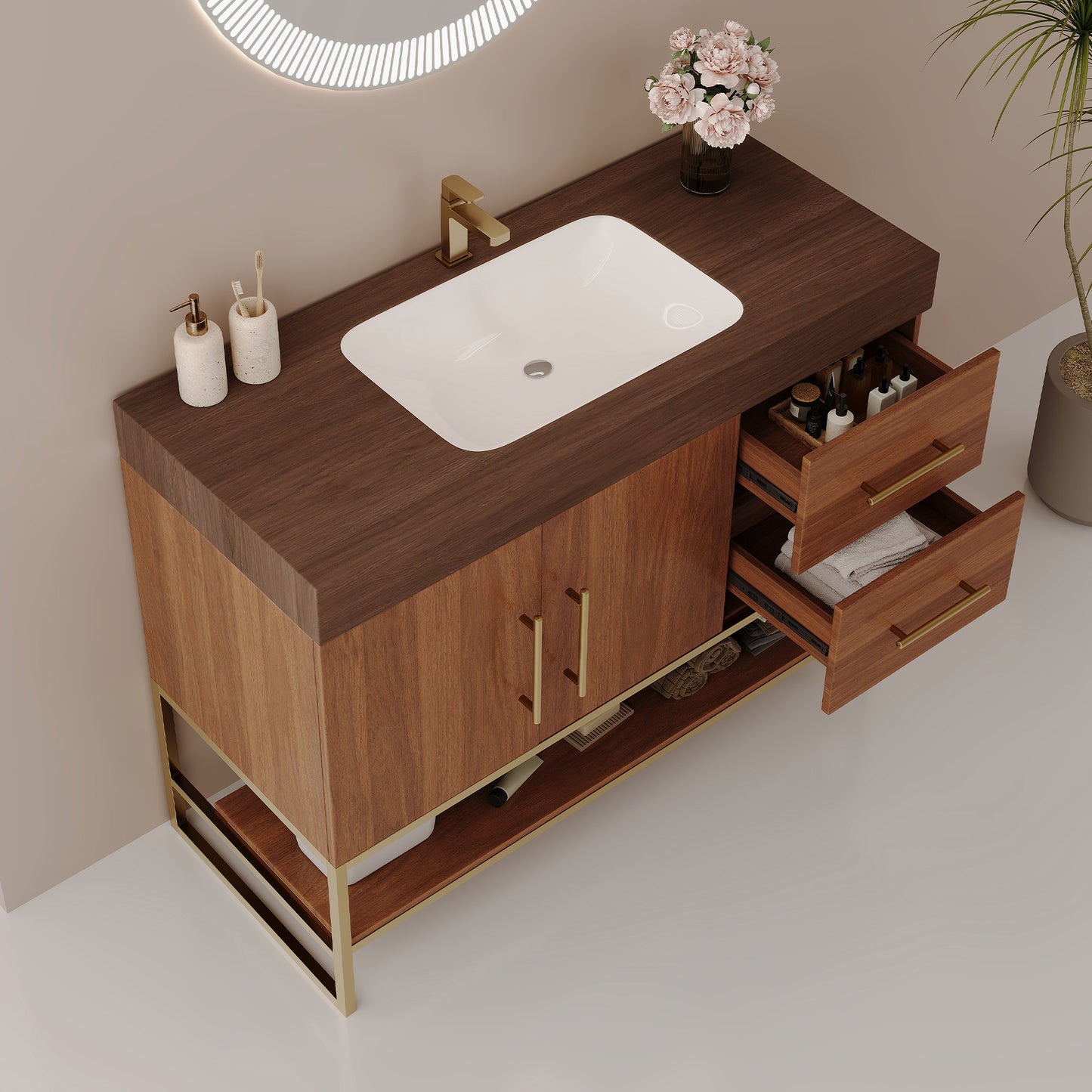 36" Modern Free-Standing Bathroom Vanity with Ceramic Sink & Stone Top - Gold, Walnut, White