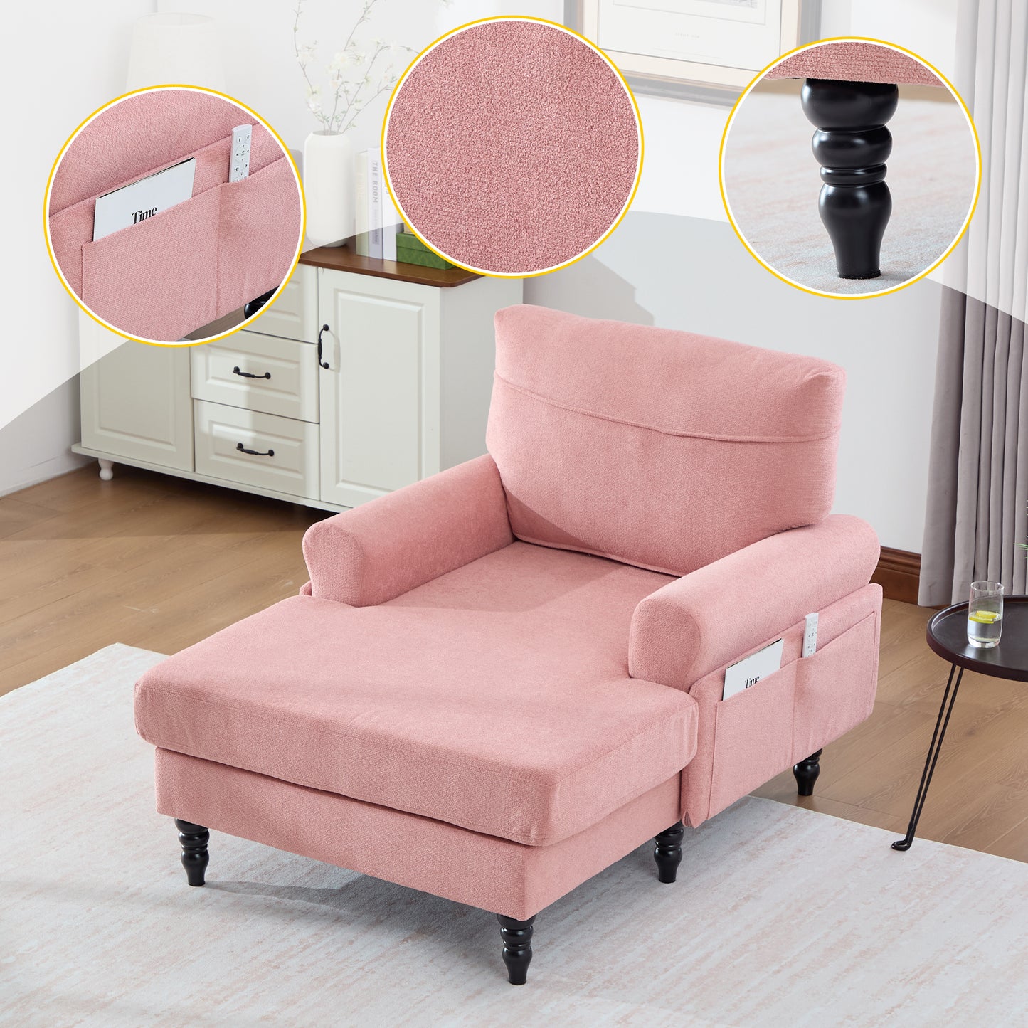 Modern Minimalist Chenille Fabric Chaise Lounge Recliner - Pink