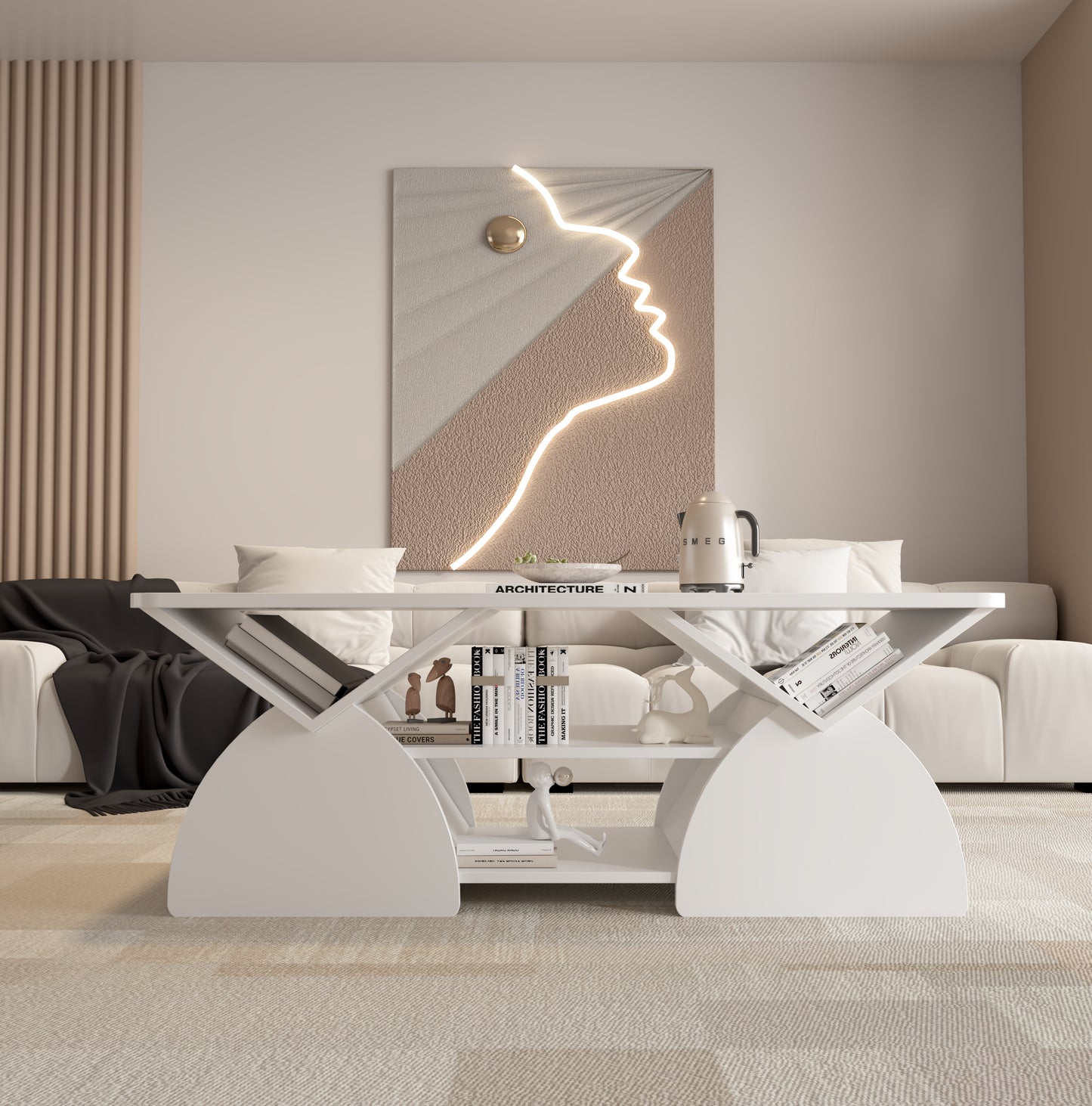 Engineered Wood Rounded Corner Rectangular Coffee Table For Living
