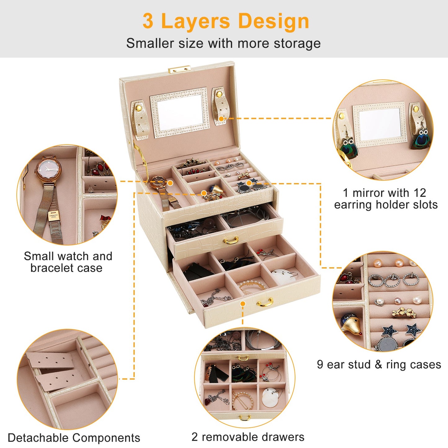 1Pc Jewelry Case Organizer 3-layer Lockable Travel Box PU Leather