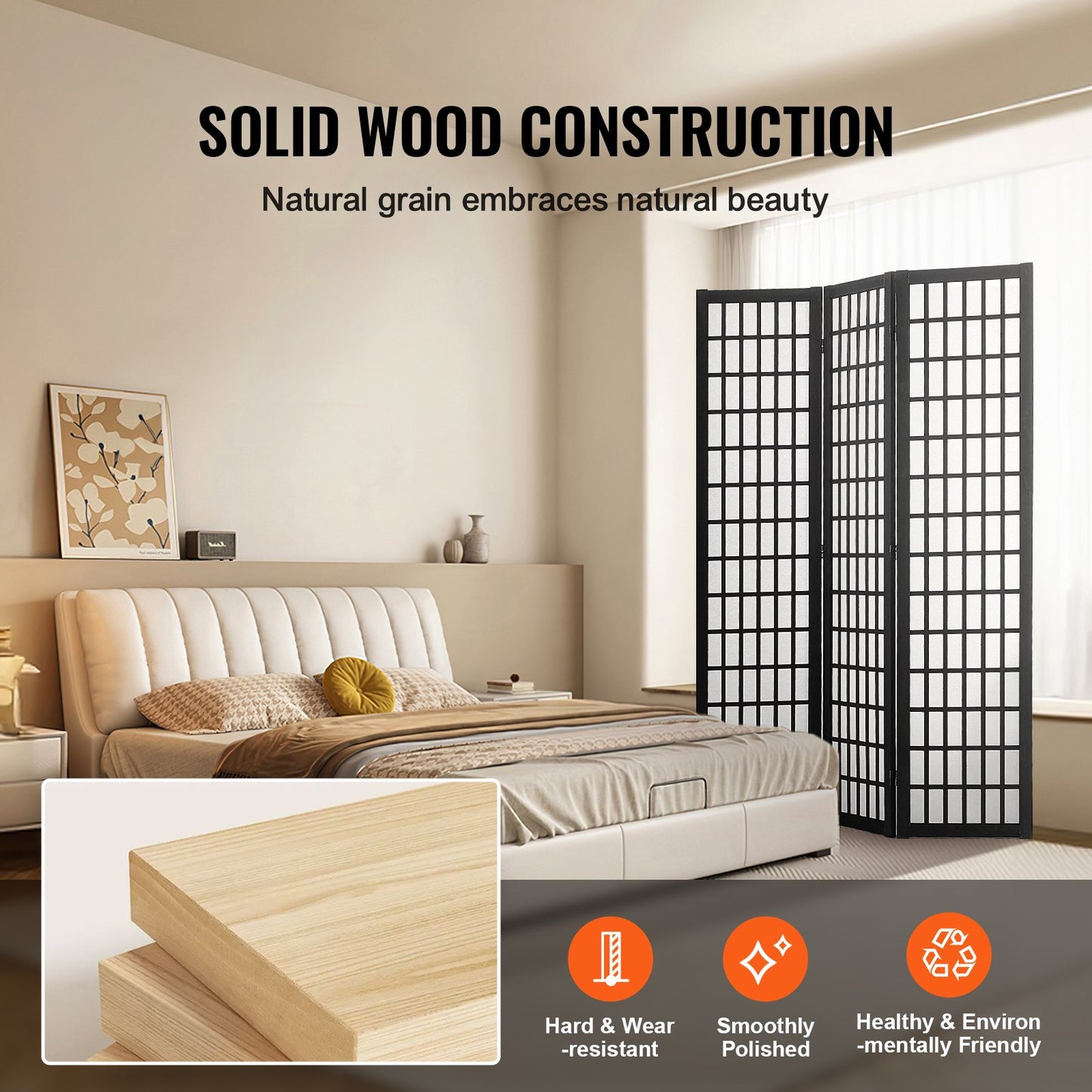 Japanese Room Divider - 3 Panel Wood Folding Privacy Screen