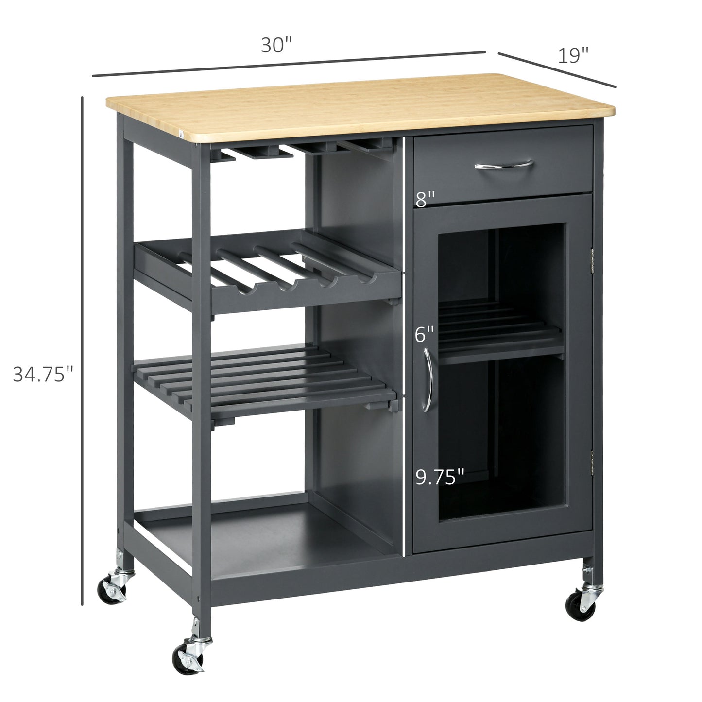 Rolling Kitchen Island Cart with Wine Rack and Storage - Gray