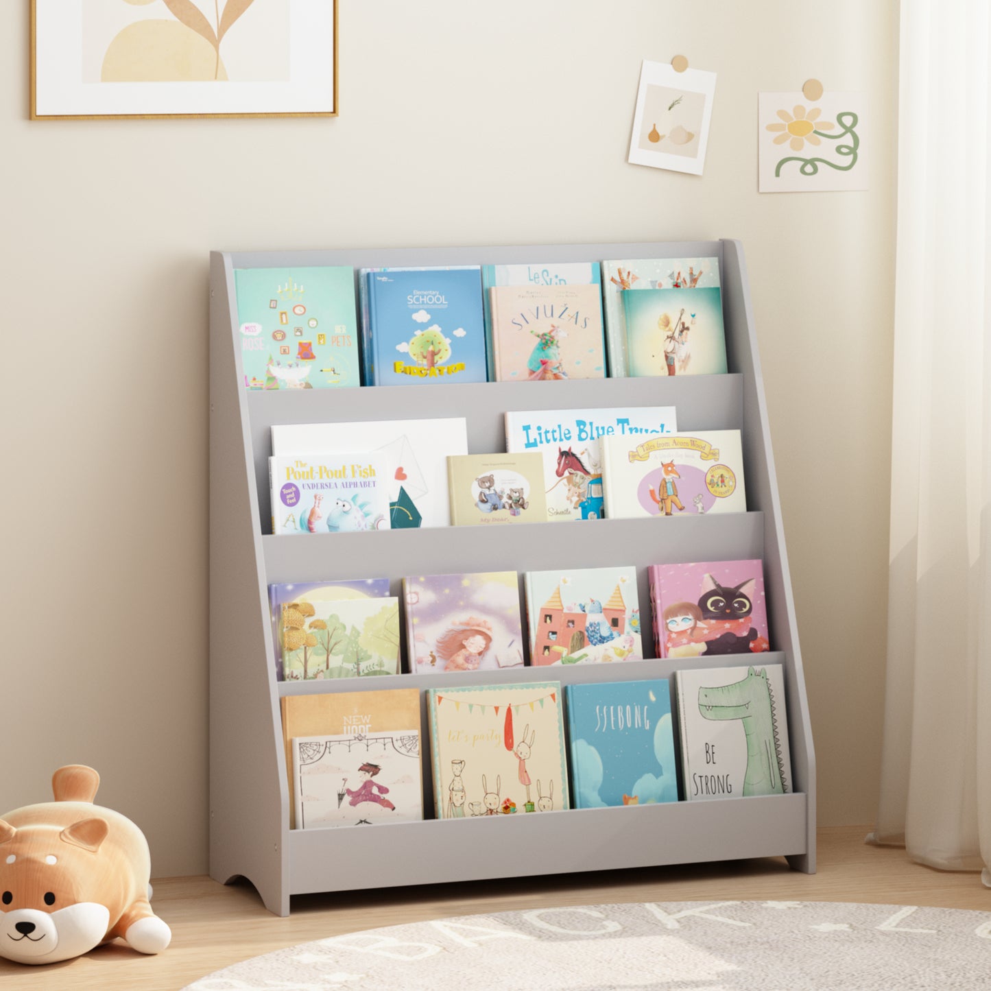 4-Tier Kids Bookshelf - Gray MDF Book Display for Bedrooms & Playrooms