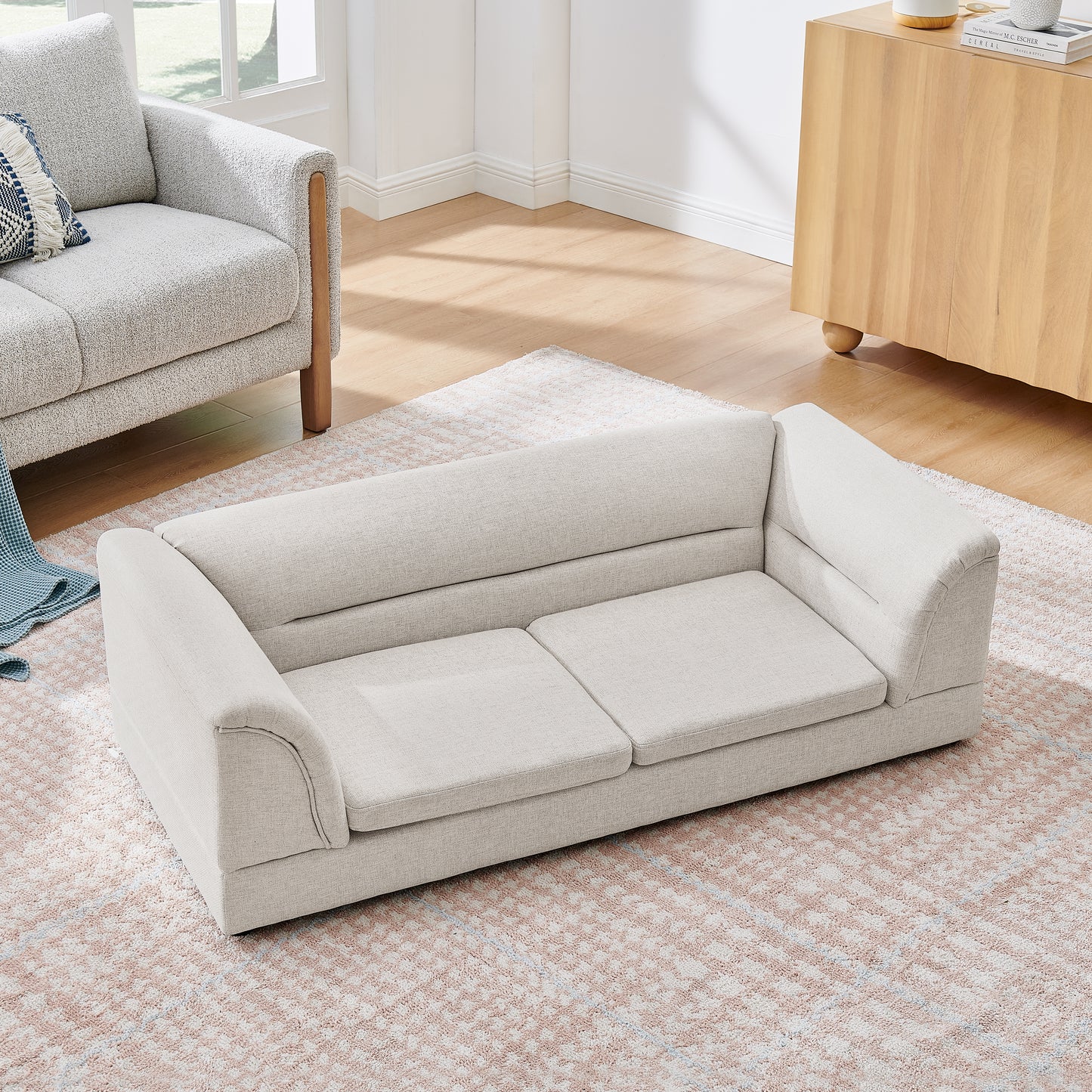 Oversized Pet Sofa Bed with Curved Armrest in Linen Fabric for Large Dogs - Beige