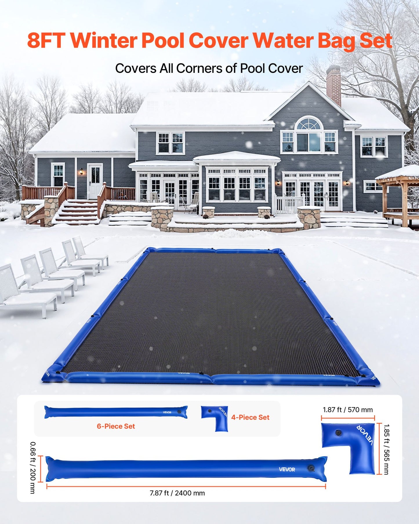 Pool Cover Water Bags - 6 Pack 4ft Inground Water Weights with Corner Tubes