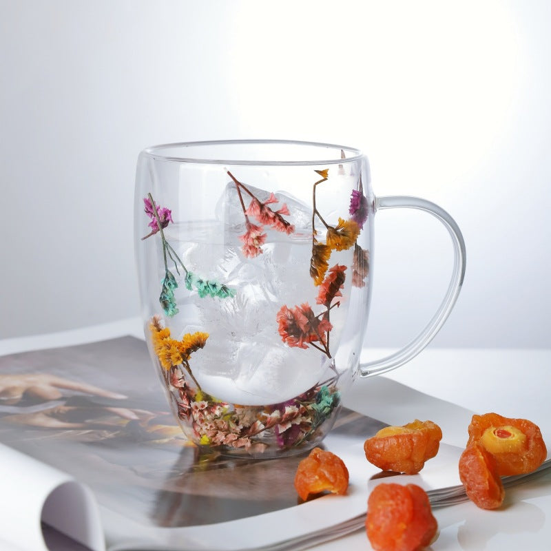 Double-Layer Glass Dried Flower Handled Cup - Modern Insulated Drinkware