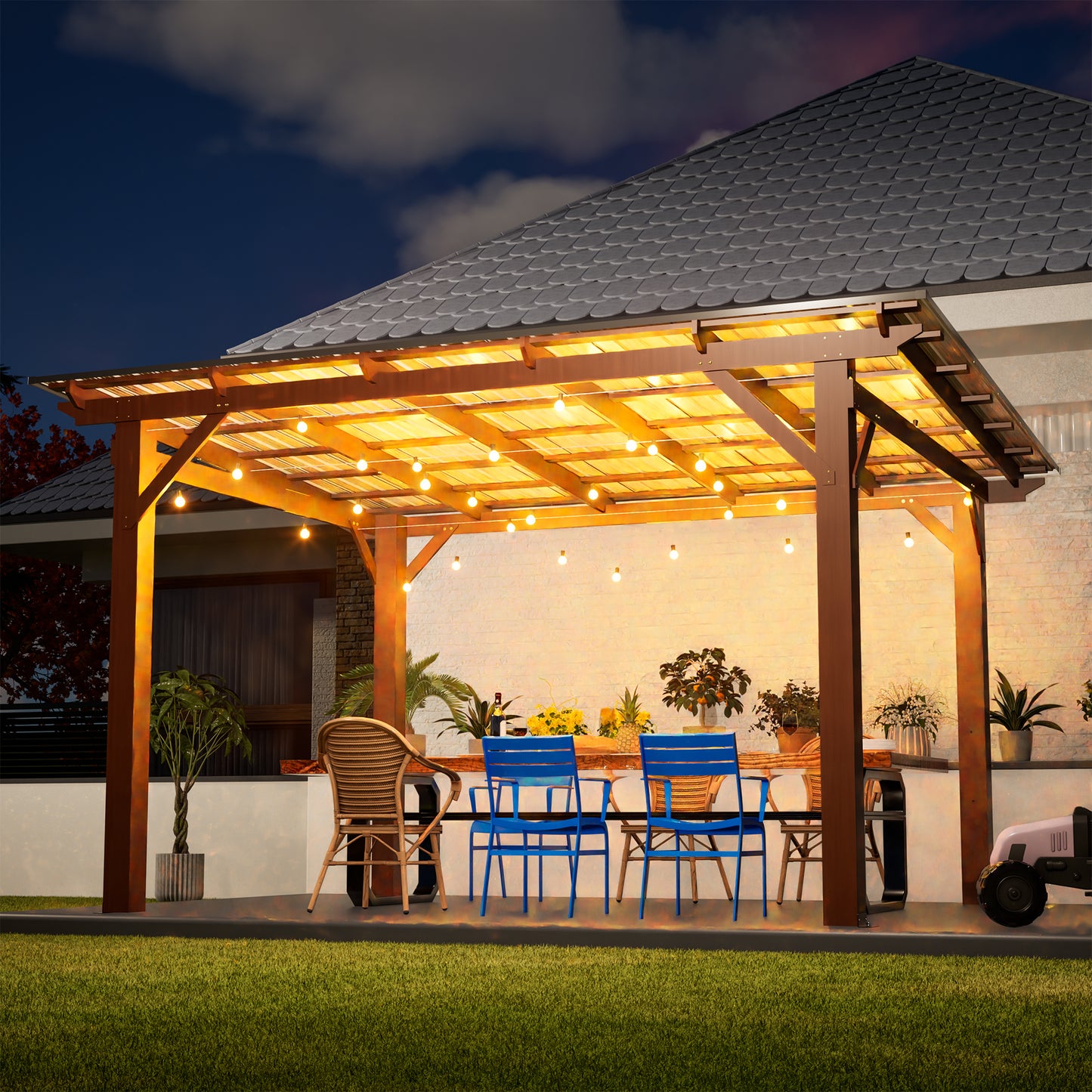 13x10ft Wooden Garden Gazebo with Metal Roof - Brown