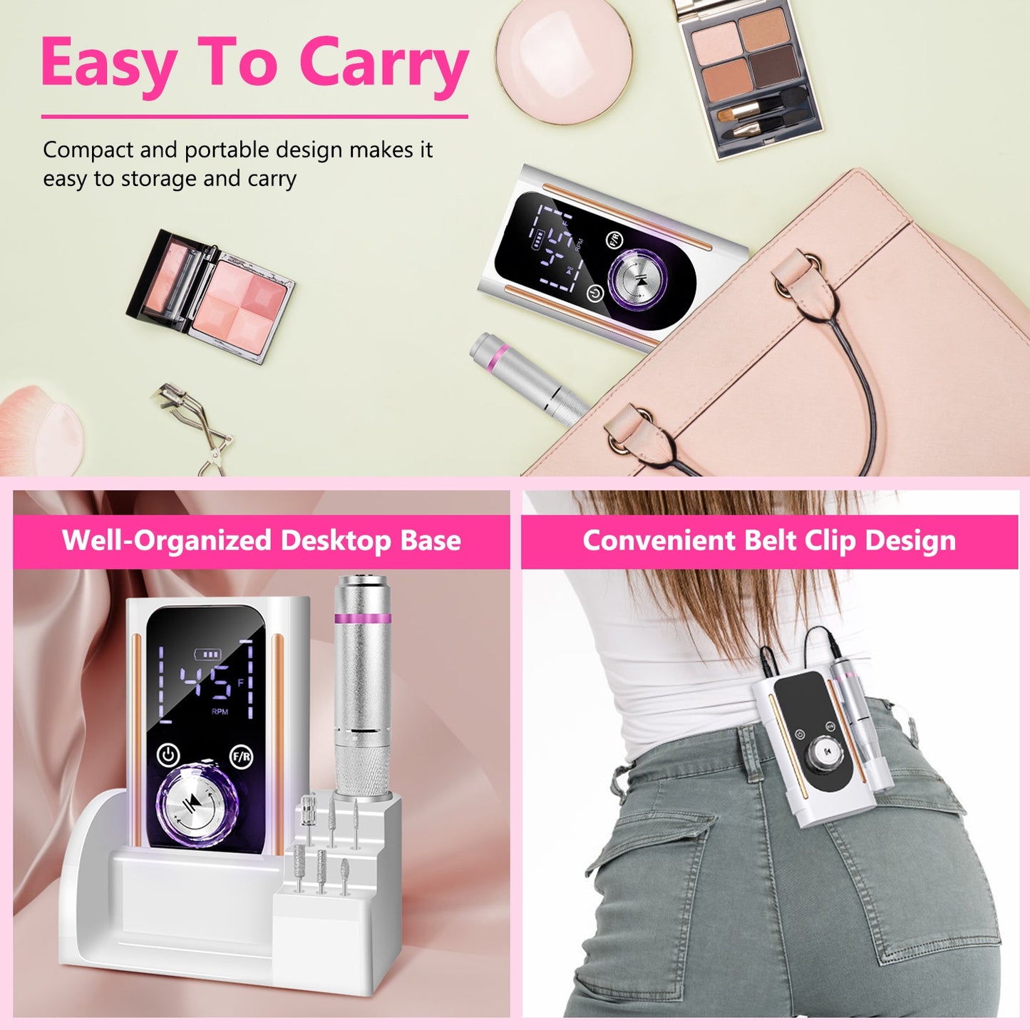 Portable Electric Nail Drill 45000 RPM - Cordless Rechargeable Nail File Kit