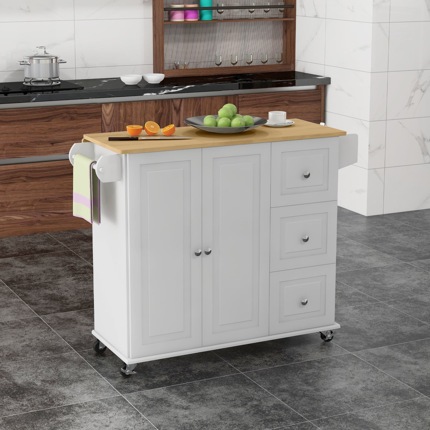 Kitchen Island with Drop Leaf, Rolling Cart on Wheels 3 Drawers,