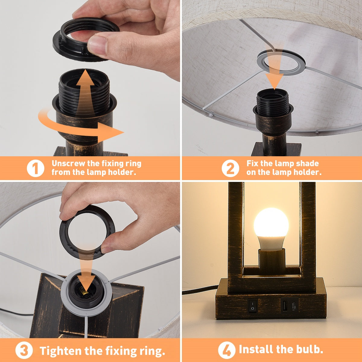Dimmable Black Gold Farmhouse Table Lamp with USB Ports