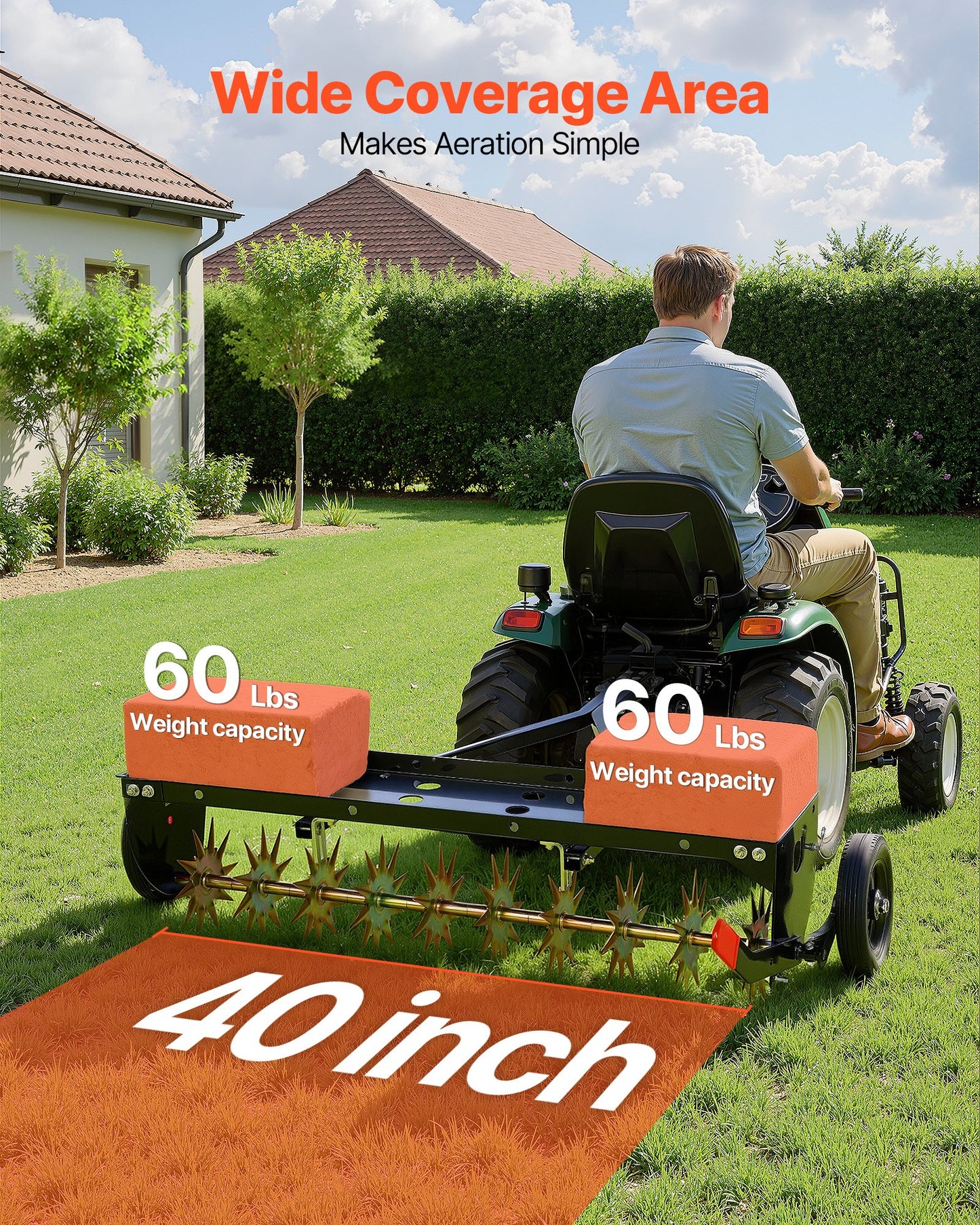 40-Inch Tow Behind Lawn Aerator with Heavy Duty Steel Frame & Weight Tray