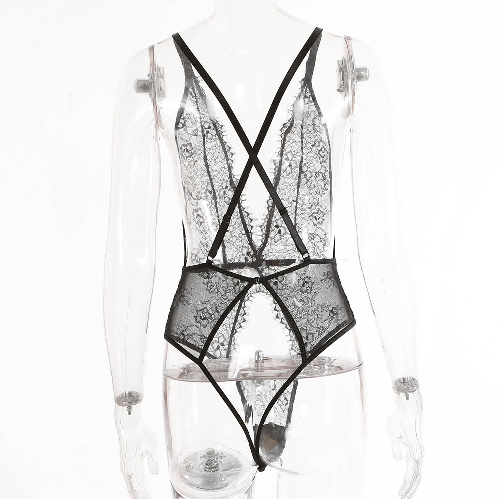 Lace Bodysuit with Deep V Neck and Waist Shaping - Black, S/M