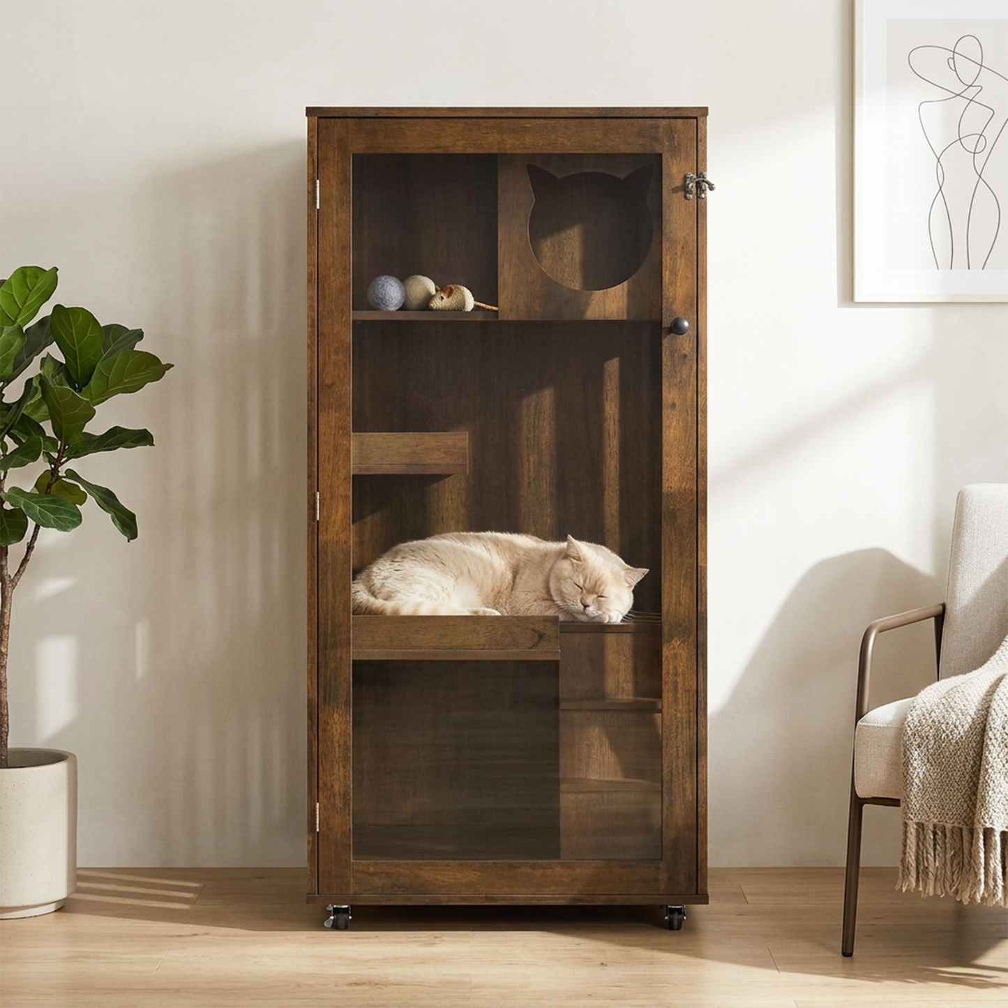 Indoor Rubber Wood Cat Enclosure with Multi-Level Shelves & Lockable Door - Brown Oak Finish