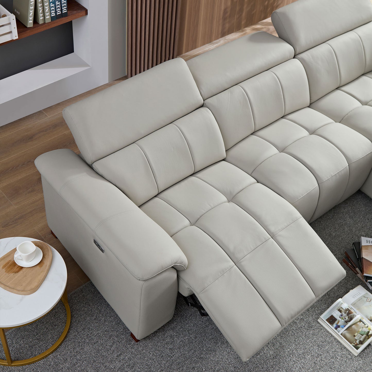 Electric Reclining Sofa - Modern L-Shaped Genuine Leather Couch with USB Port - Light Grey