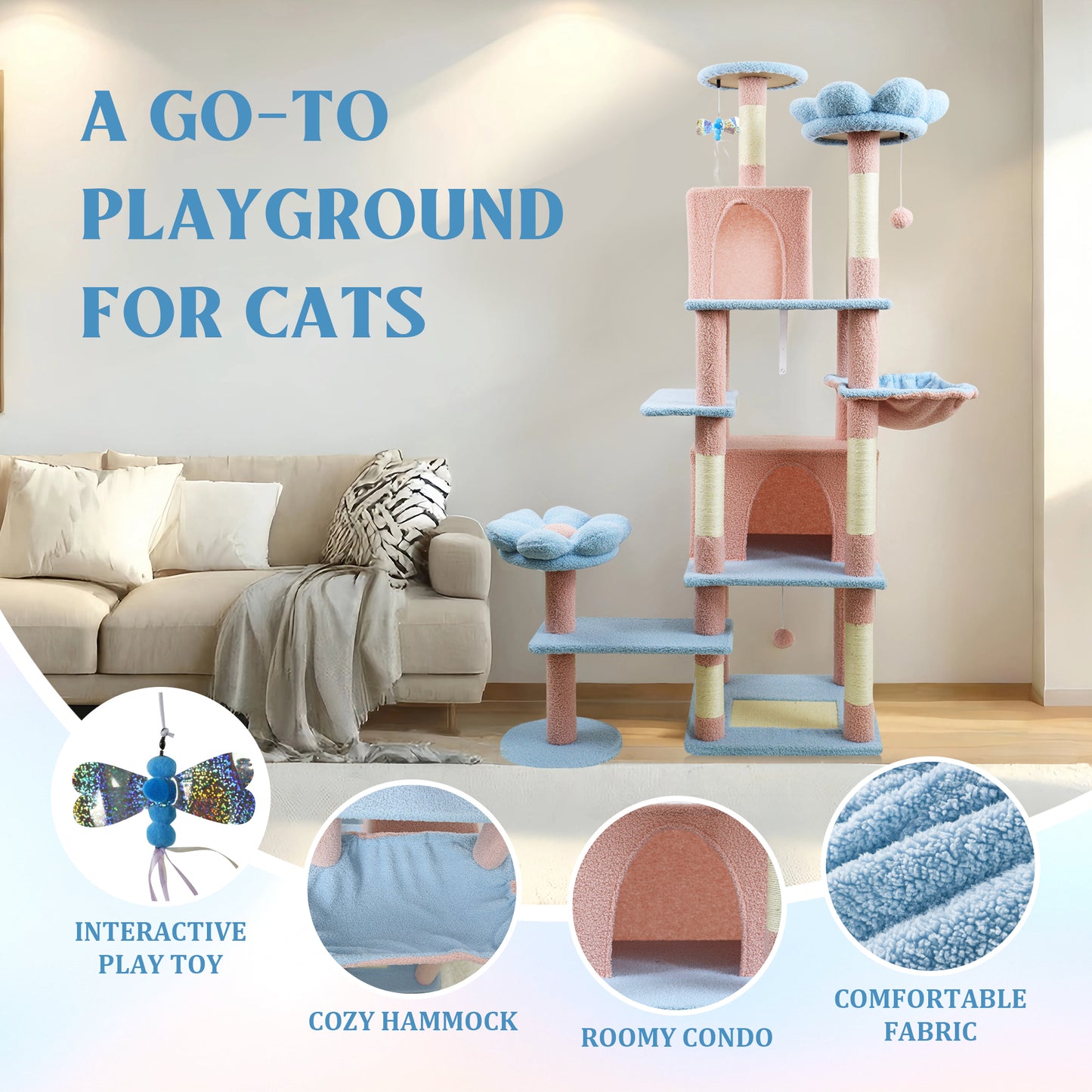 71-Inch Cat Tree with Large Condo, Removable Flower Cushion & Hammock - Blue