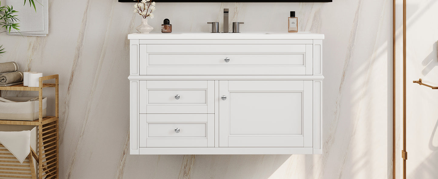 36-inch Wall Mounted Bathroom Vanity with Ceramic Sink & Drawers