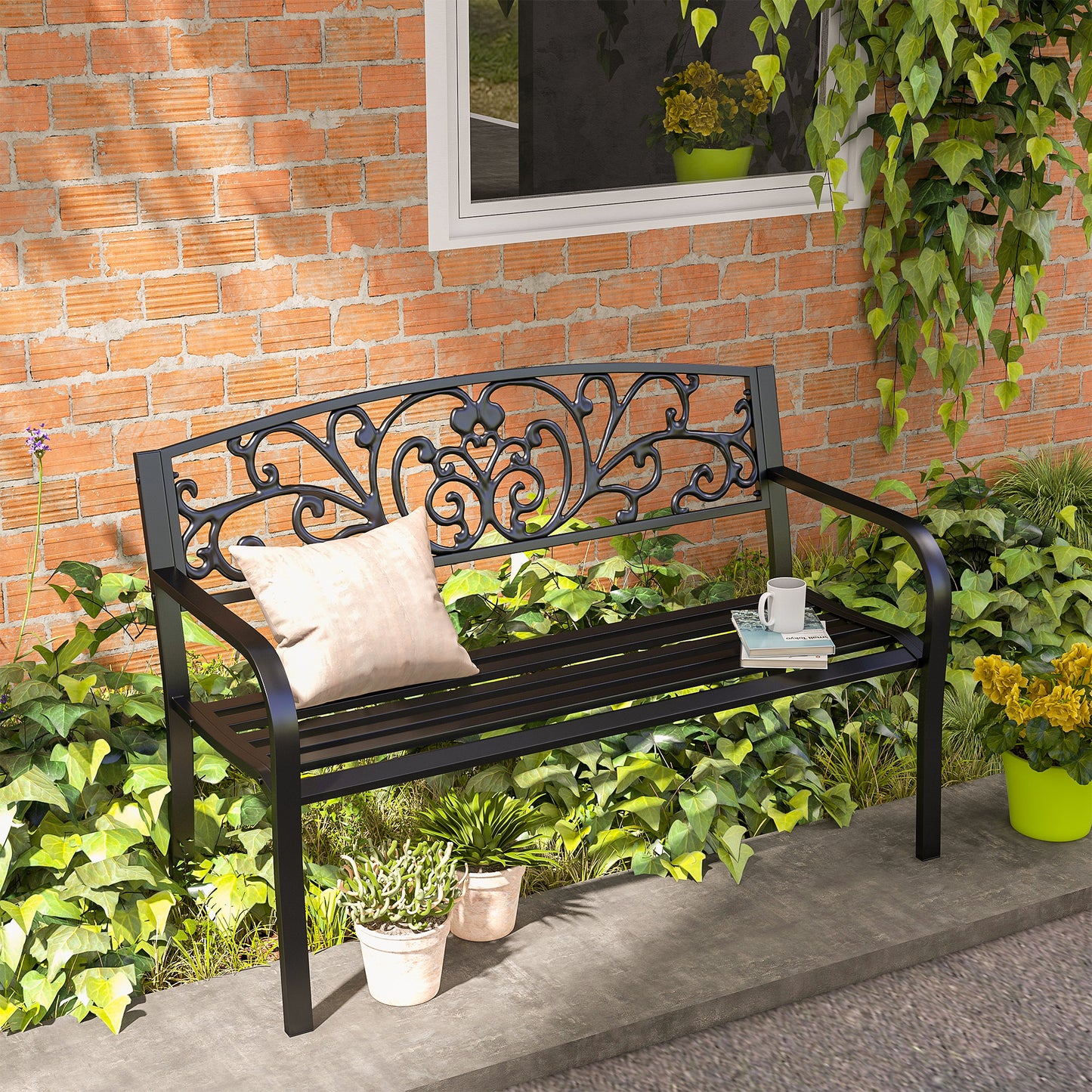 50" Floral Design Garden Patio Bench - Comfortable Black Steel