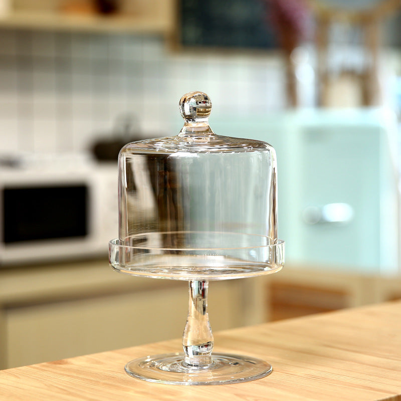 Large Glass Cake Tray with Transparent Dust Cover - European Style