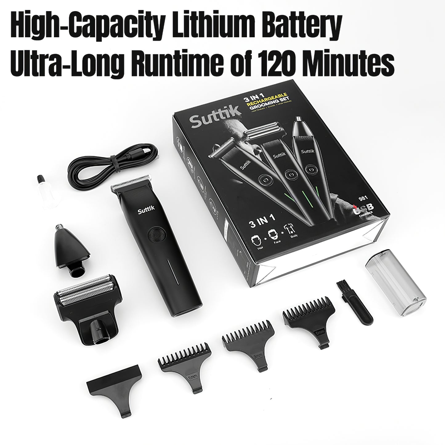 3-in-1 Rechargeable Beard Trimmer & Grooming Kit - Face, Nose & Ear Hair