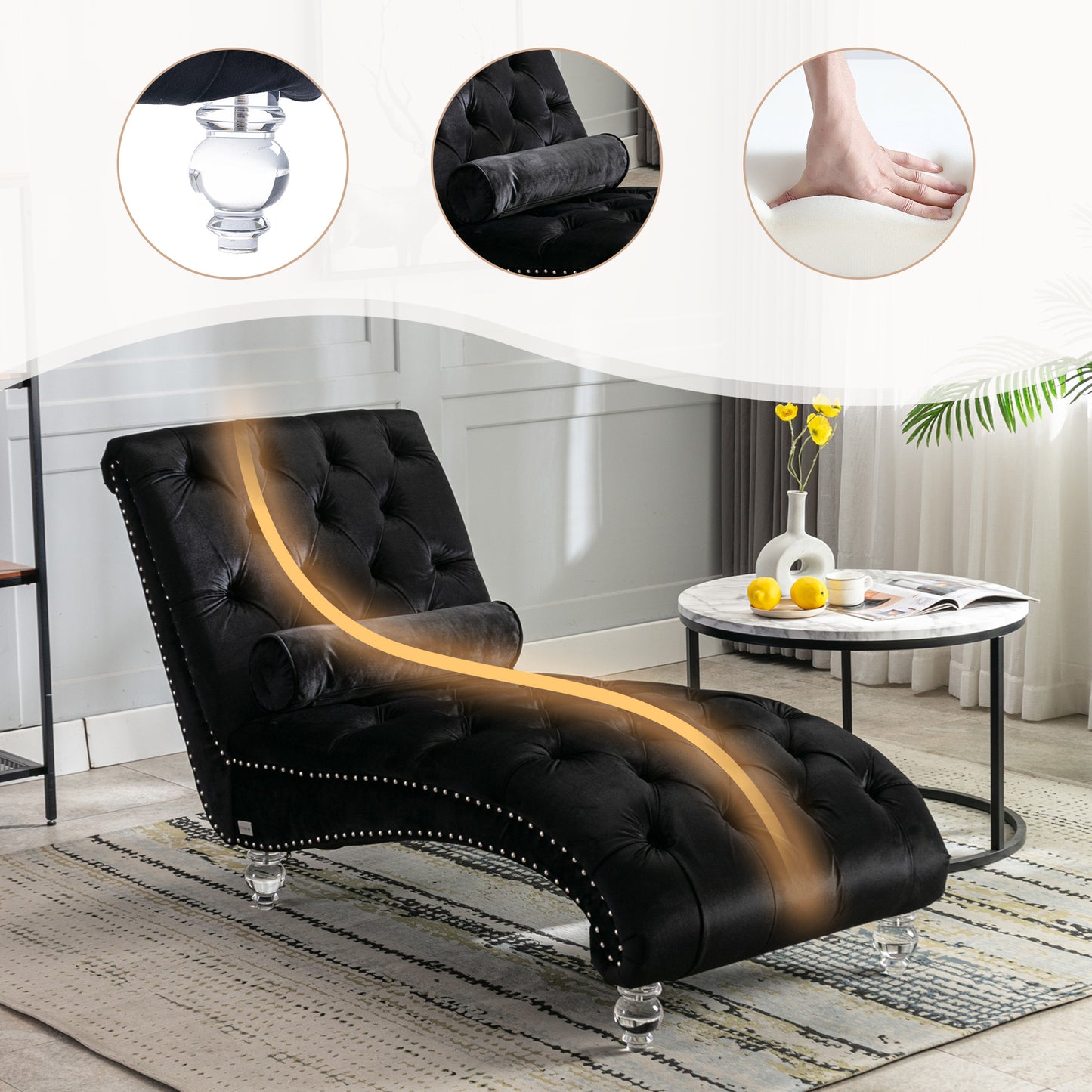 Velvet Chaise Lounge Chair - Button-Tufted with Pillow - Black