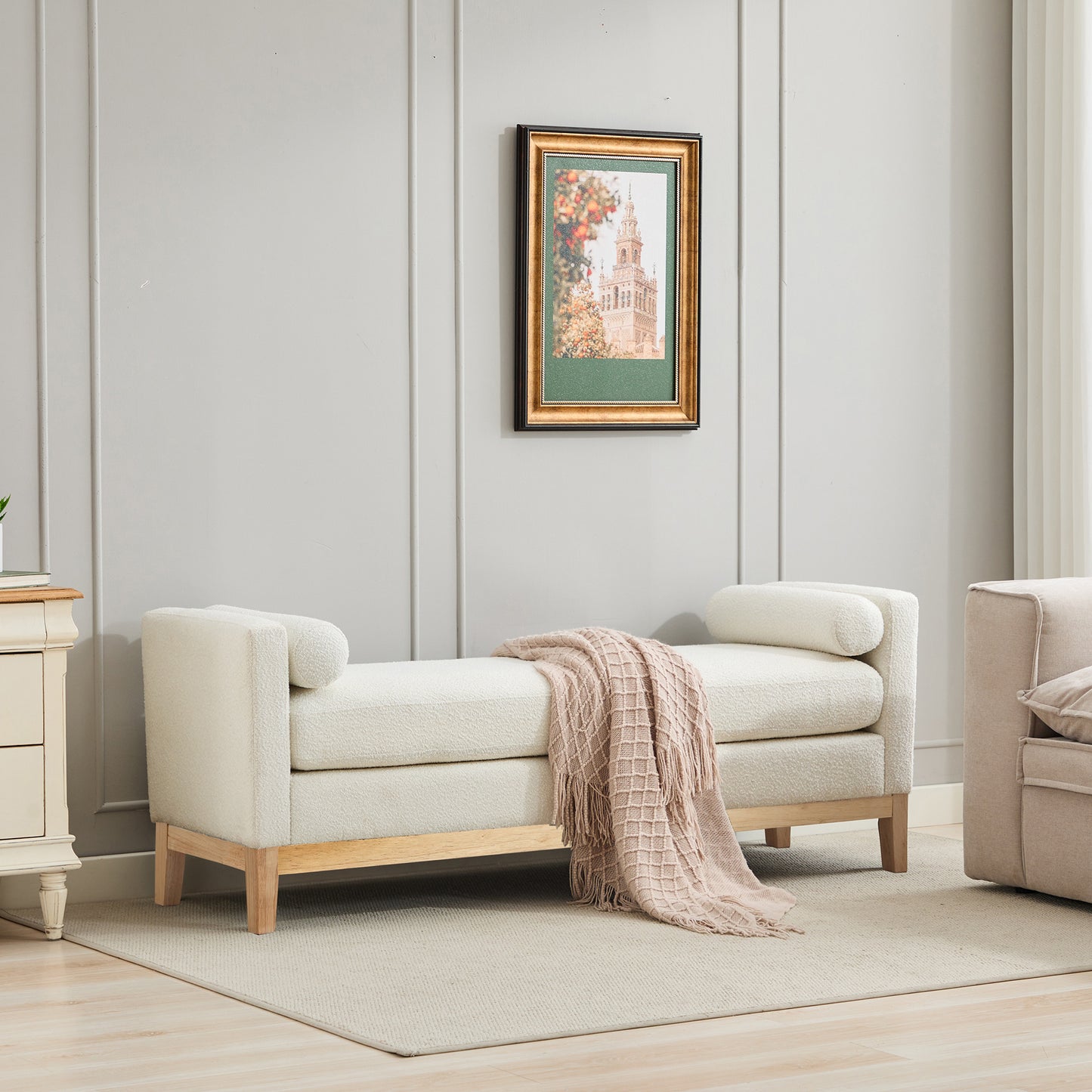 Upholstered End of Bed Bench with Wood Frame - Ivory Boucle