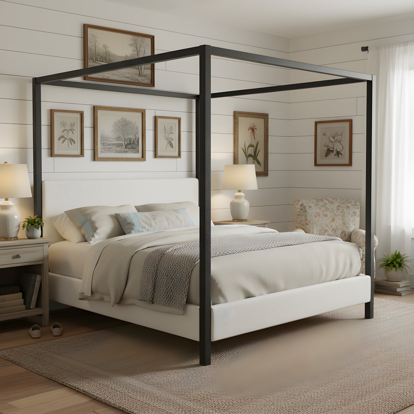 King Size Modern Black Metal Canopy Bed with White Boucle Upholstery