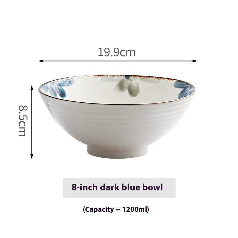 Japanese Style Rain-Hat Shaped Ceramic Ramen Bowl Set - Underglaze Blue