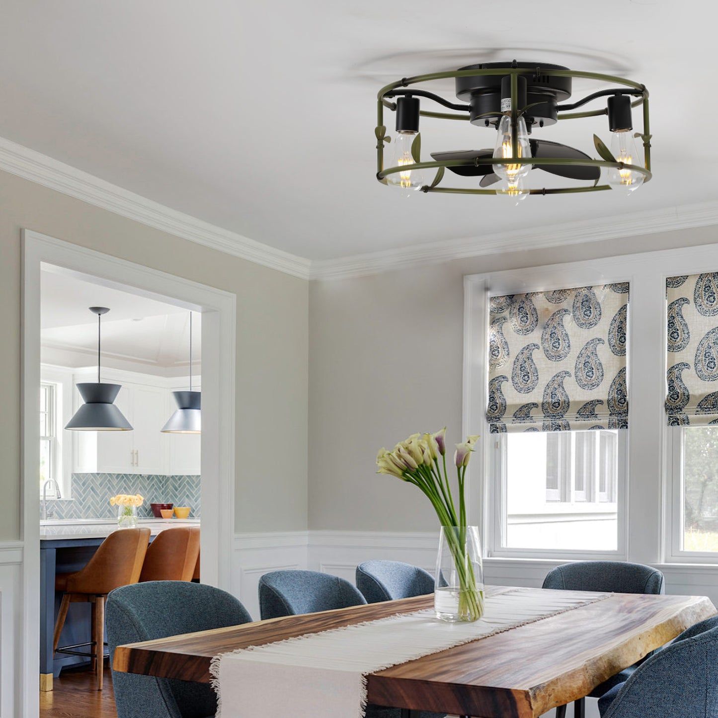 Industrial Ceiling Fan with Light - 3-Light Flush Mount Design