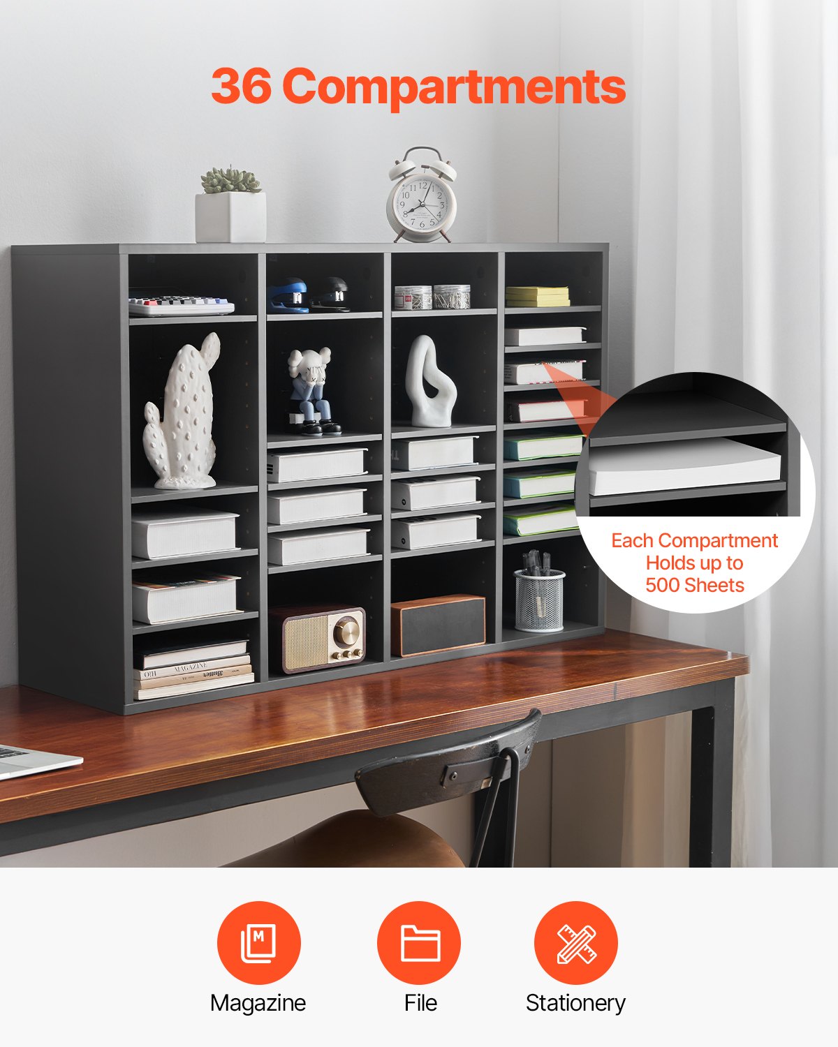 36-Compartment Literature Organizer - Wooden Mailbox Sorter, Grey
