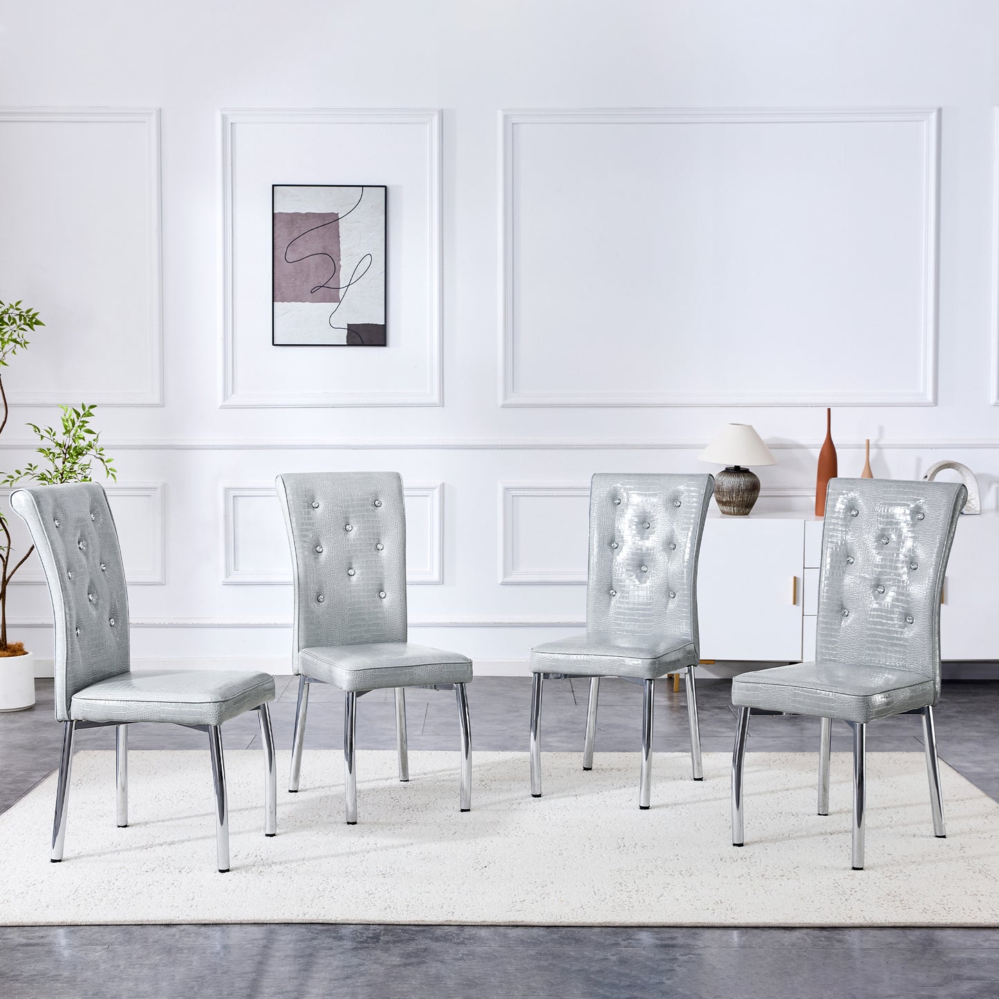 Set of 4 Gray Silvery Vintage Crocodile Leather Dining Chairs