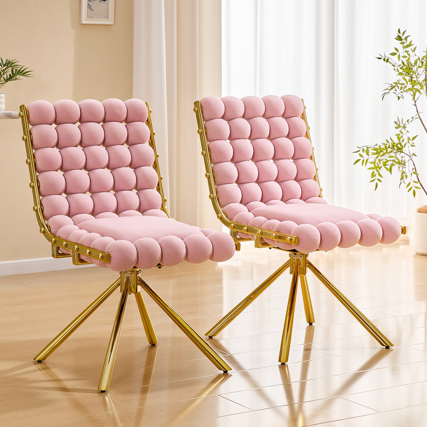 Set of 2 Plush Velvet Pink Bubble Tufted Accent Chairs - Gold Legs