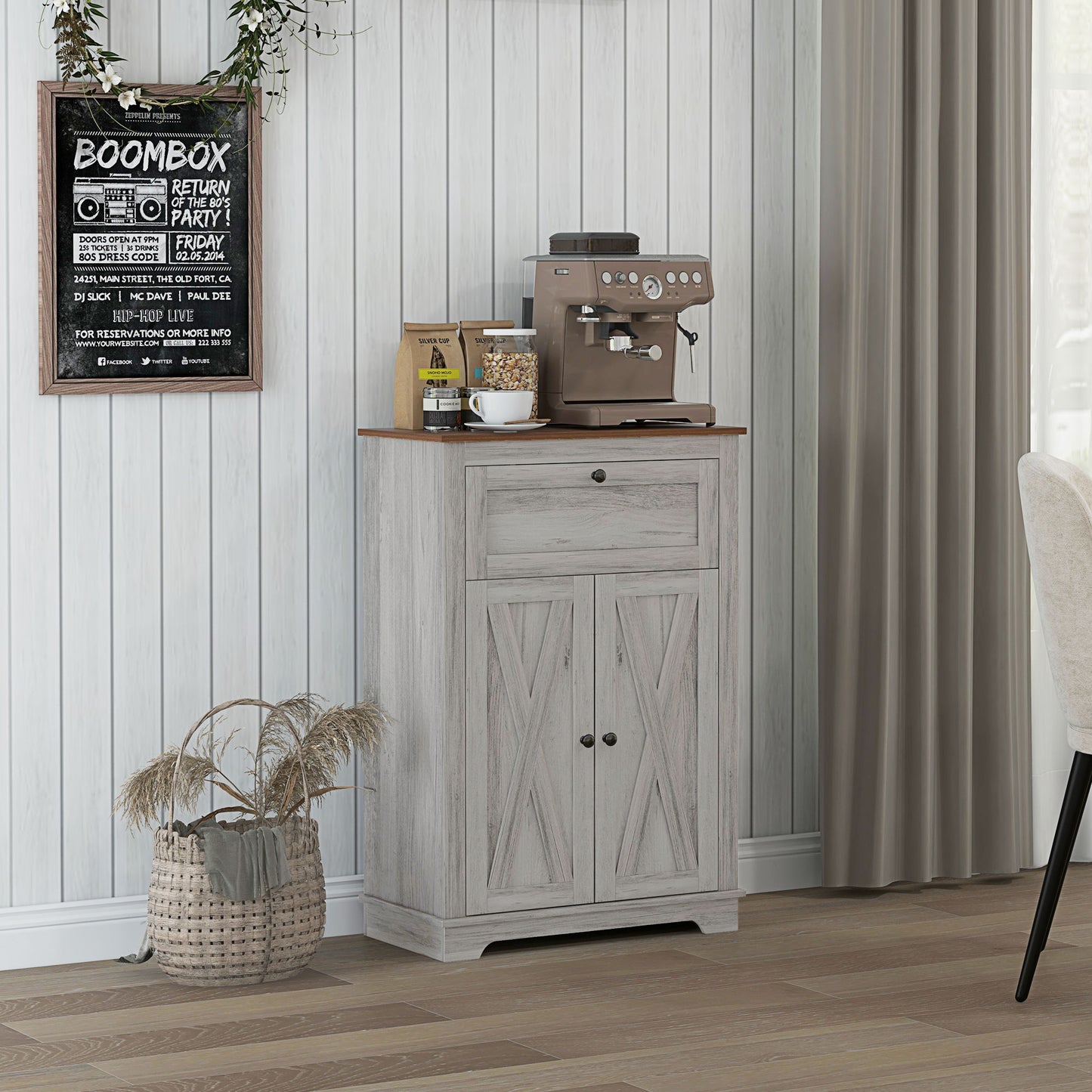 Farmhouse Storage Cabinet with Doors and Drawer - Light Gray