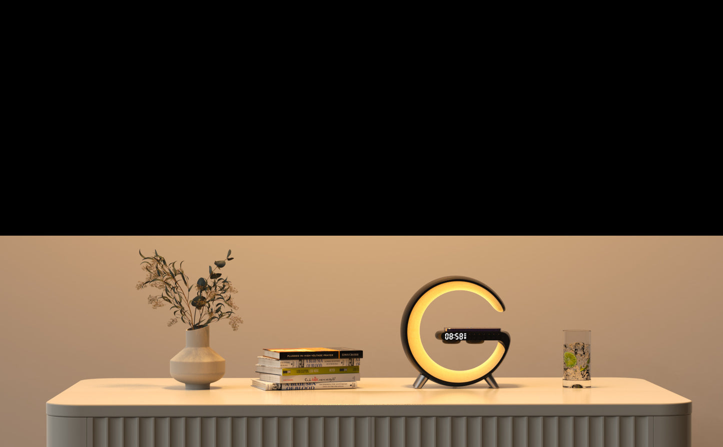 Smart G-Shaped LED Lamp with Bluetooth Speaker & Wireless Charger