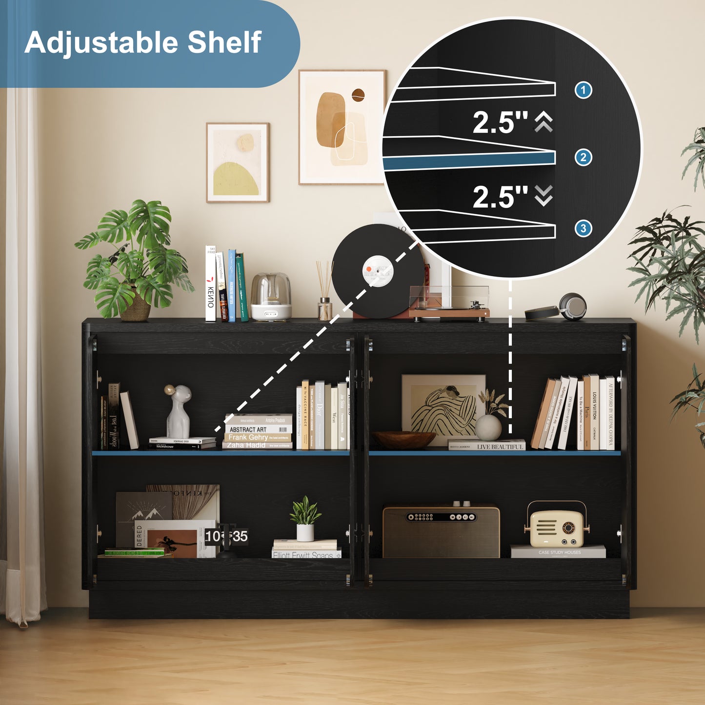 59.1-Inch Black 4-Door Sideboard Buffet Cabinet with Adjustable Shelves