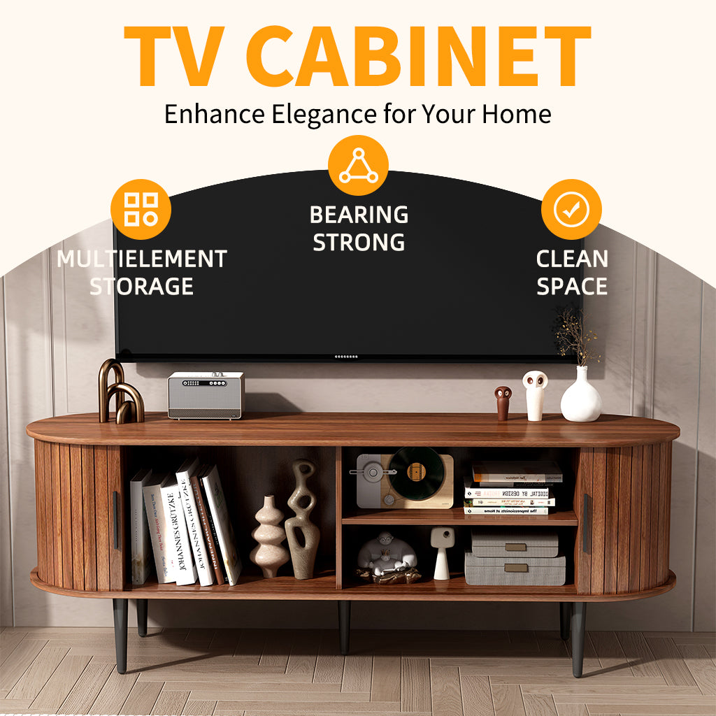 55" Modern TV Stand Console Table with Sliding Door - Walnut
