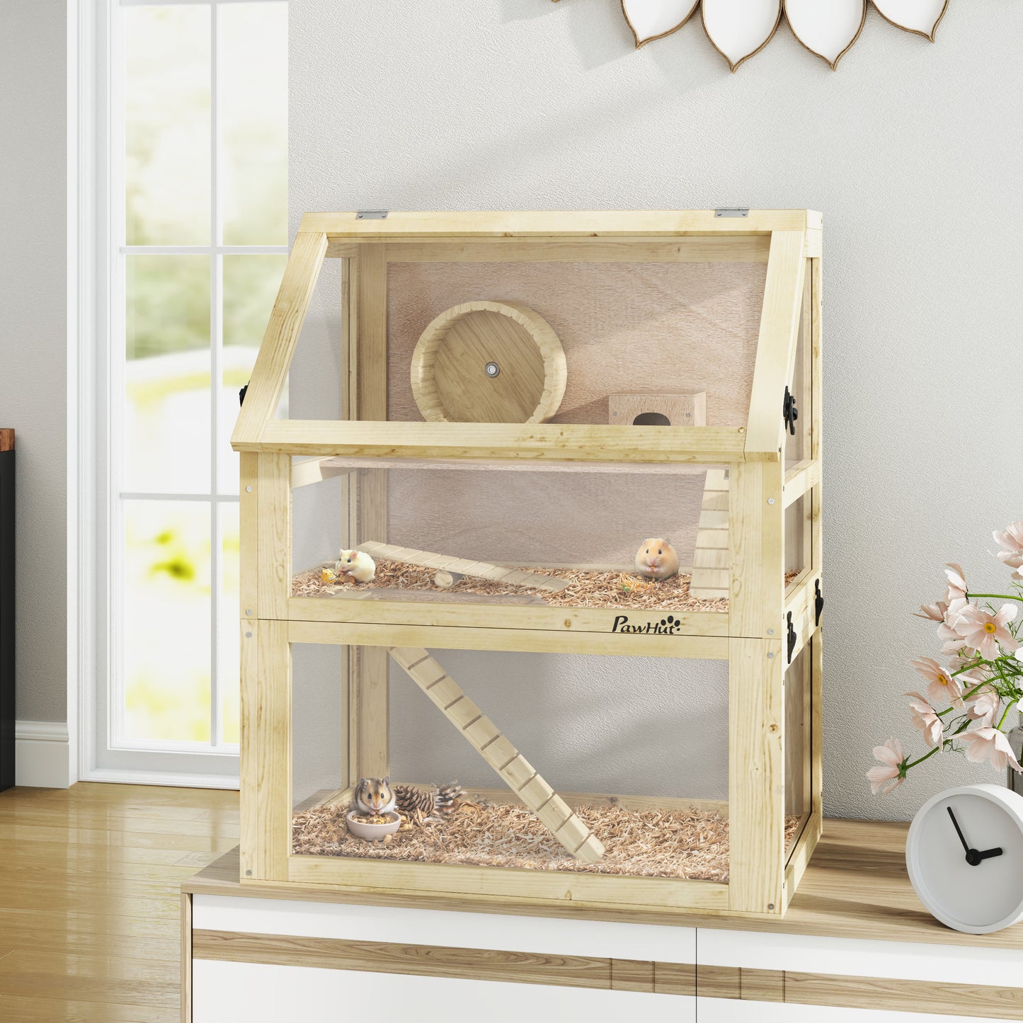 Wooden Hamster Cage with Detachable Bottom, Ramps & Accessories - 24 x 16 x 29.5 Inches
