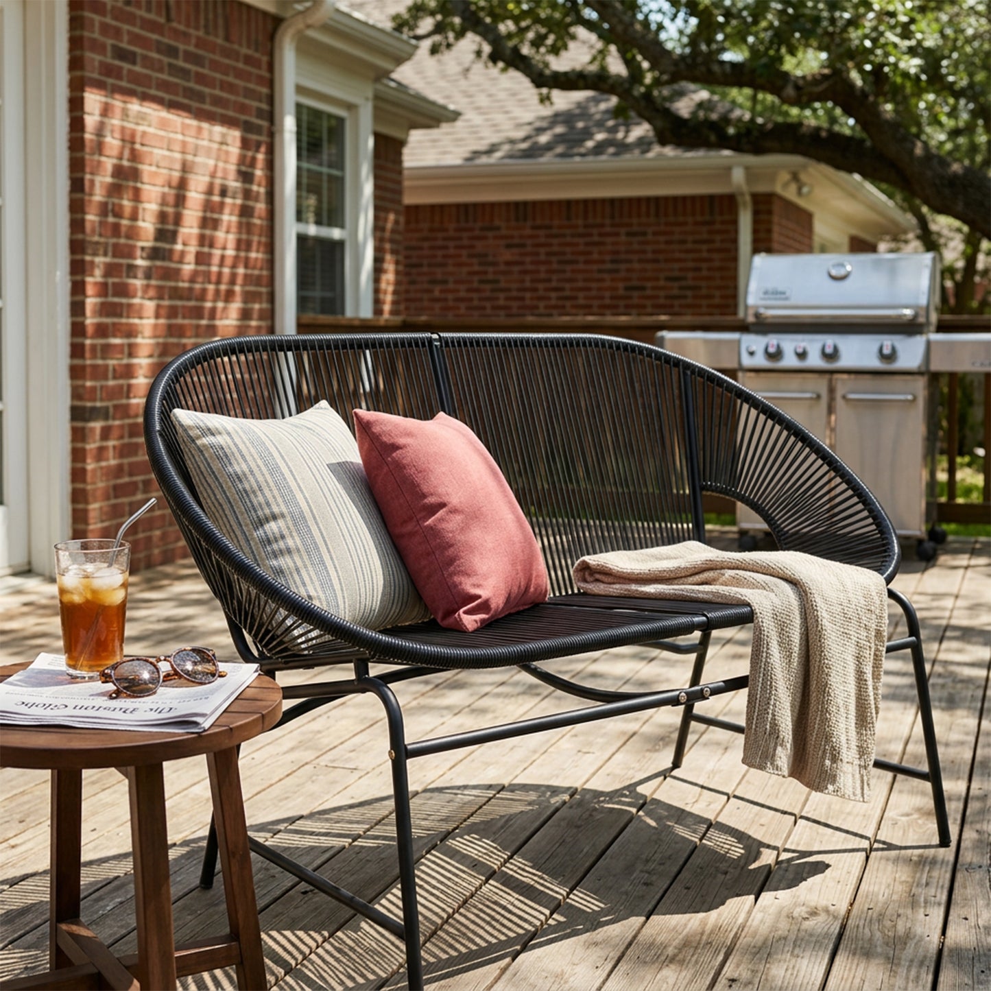 CONDESSA OUTDOOR PATIO WICKER LOVE SEAT, BLACK PE RATTAN & IRON