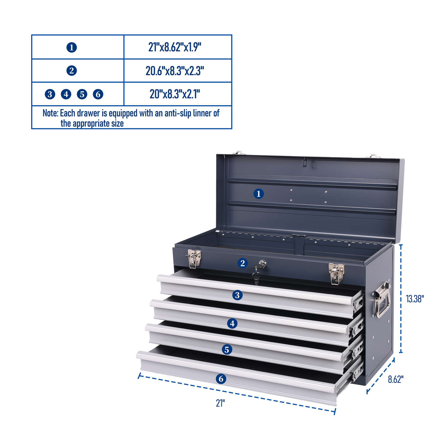 Heavy Duty Metal Tool Box 21-inch with 4 Drawers, Locking, EVA Liners, Antique Grey