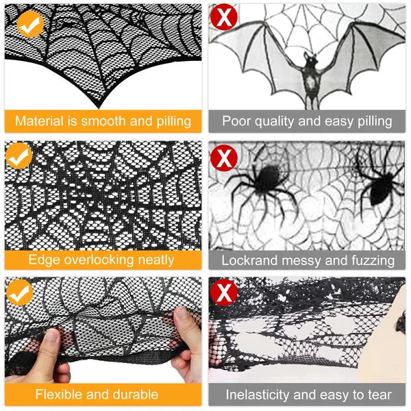 Halloween Black Lace Spiderweb Mantle Scarf - 96 x 18 Inch