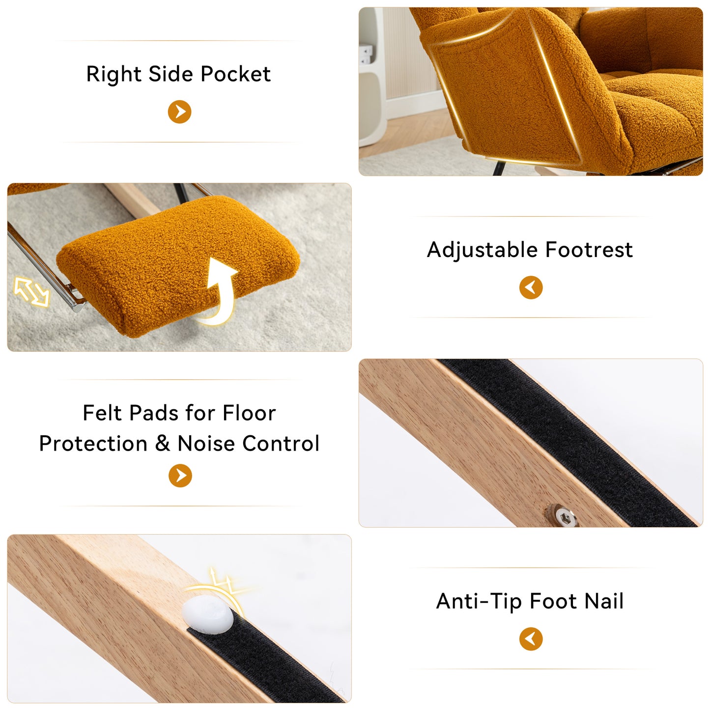 Teddy Fabric Rocking Chair with Adjustable Footstool - Caramel